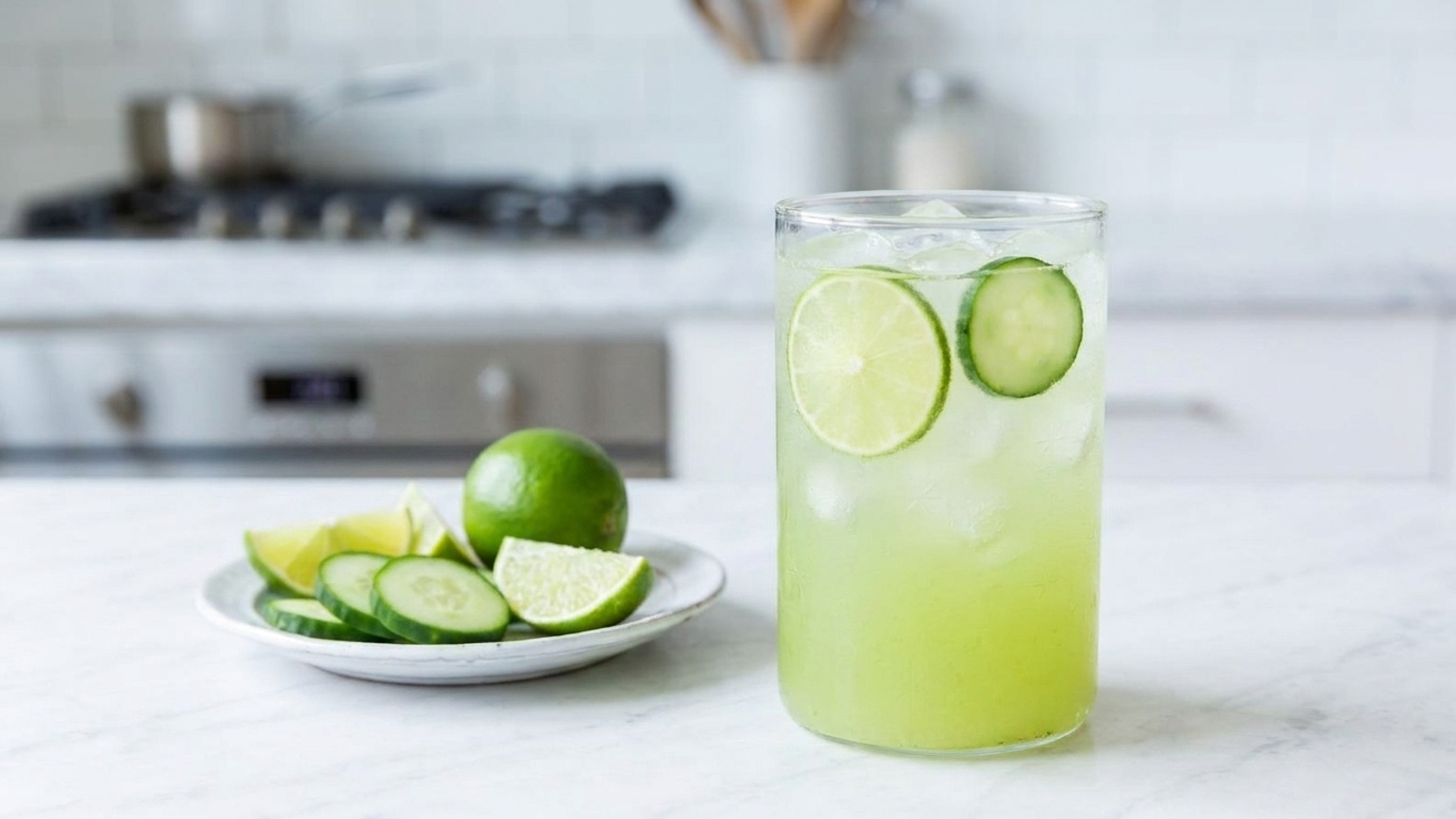 A tall glass of pale green cucumber-lime agua fresca with ice on a kitchen counter, with sliced cucumber and limes nearby