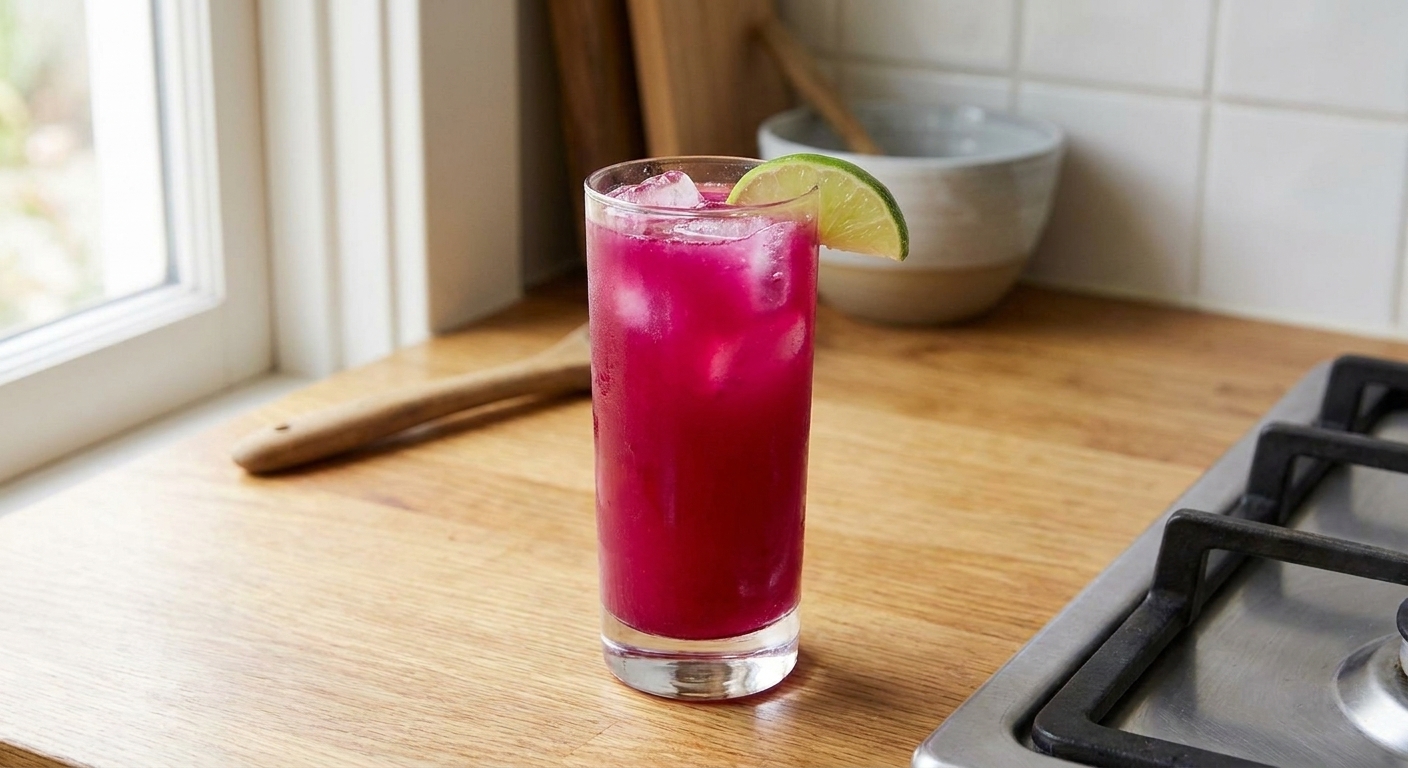 A tall glass of prickly pear lemonade with ice and a lime wedge on a simple table setting