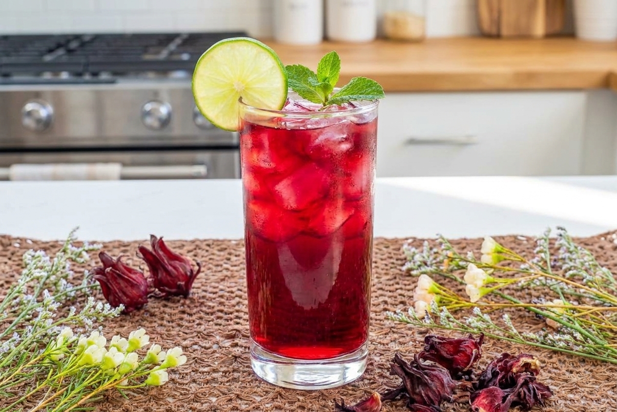 A tall glass of ruby-red hibiscus tea filled with ice, garnished with a lime wheel and mint on a bright kitchen counter
