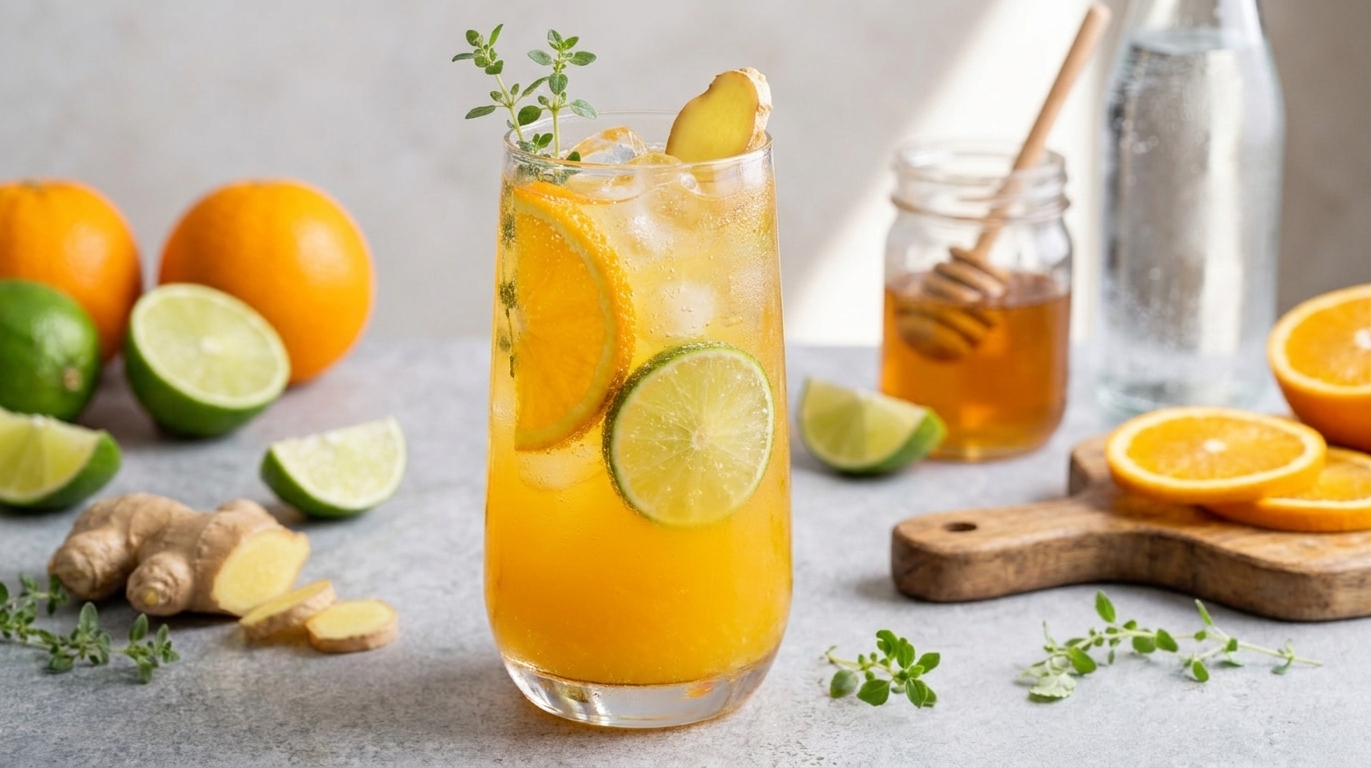 A tall glass of sparkling citrus ginger mocktail with ice, an orange slice, and a lime wheel on a light kitchen counter with soft natural light