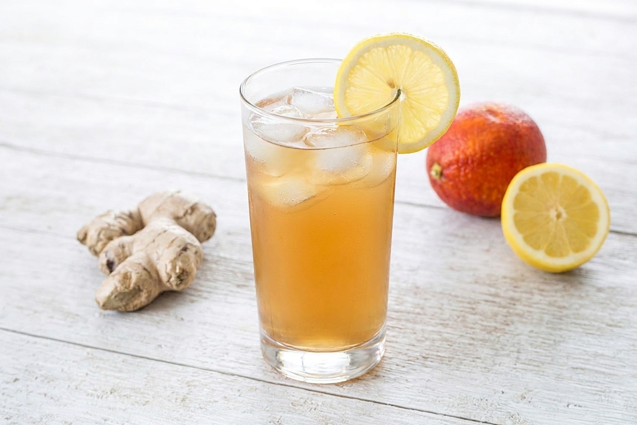 A tall glass of switchel served over ice with a lemon slice on the rim on a wooden table
