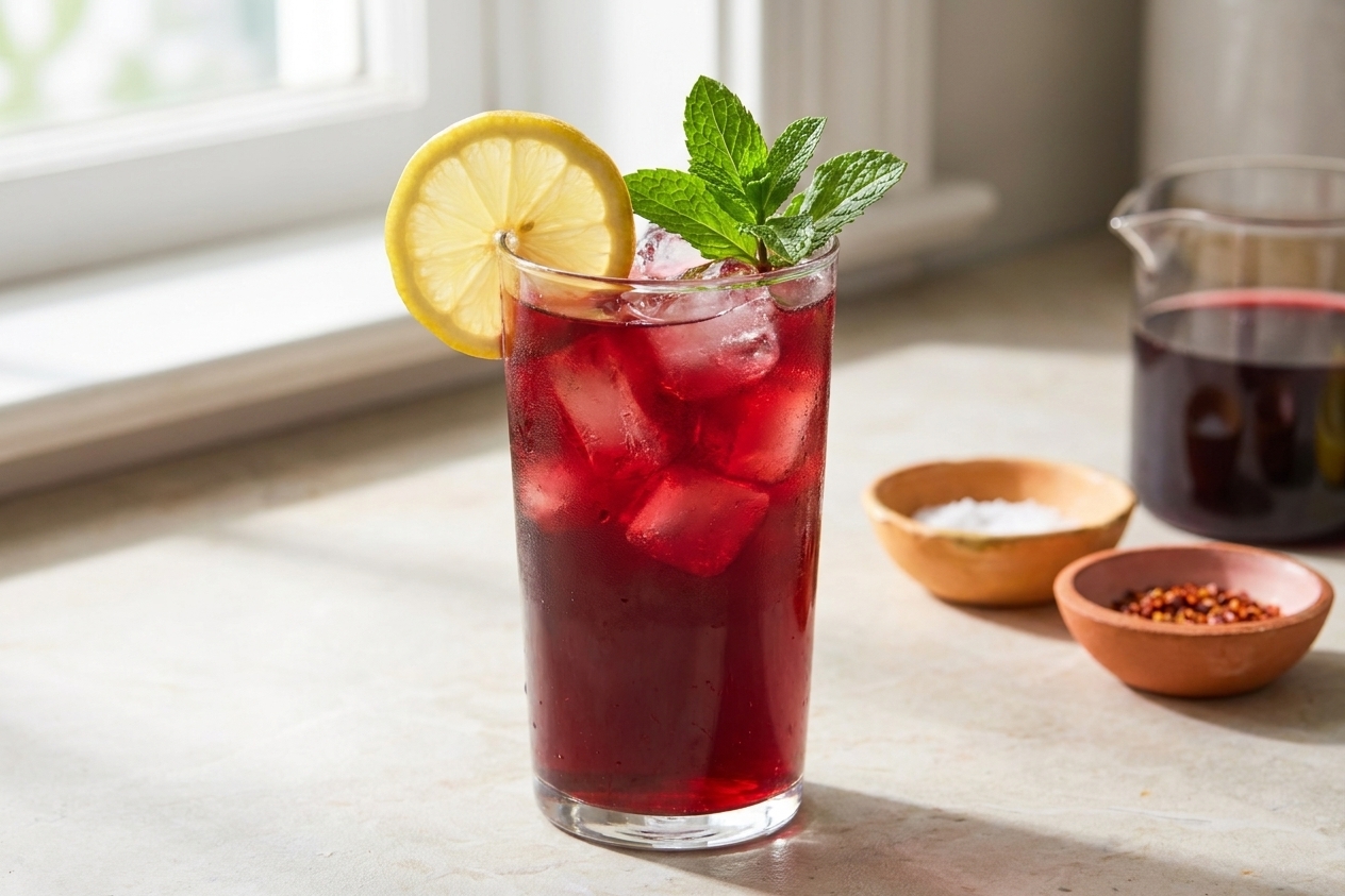 A tall glass of tart cherry mocktail with ice, a lemon wheel on the rim, and a sprig of mint on a light stone kitchen counter in soft window light
