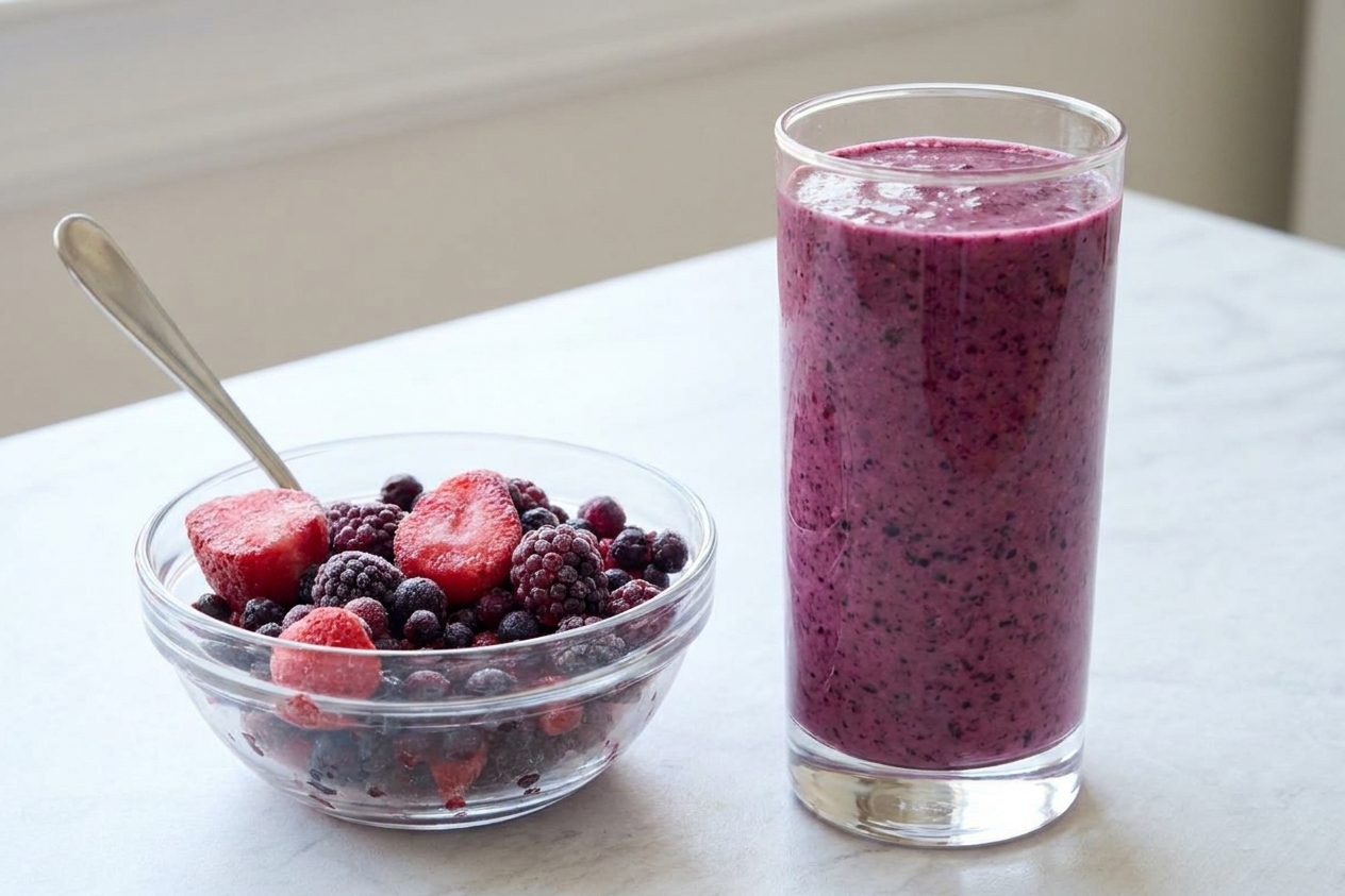 A tall glass of thick berry fruit shake with a small bowl of frozen berries and a spoon nearby on a light kitchen counter