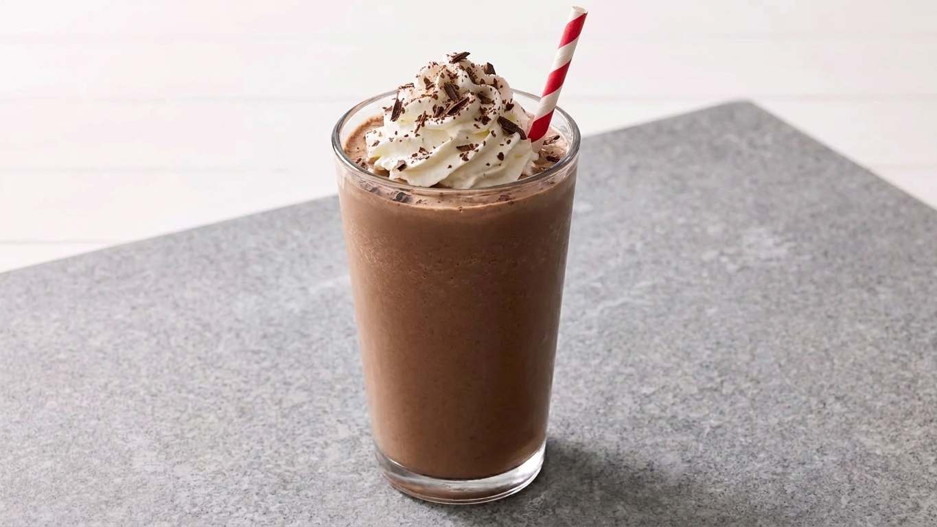A tall glass of thick chocolate milkshake topped with whipped cream and chocolate shavings on a bright kitchen counter