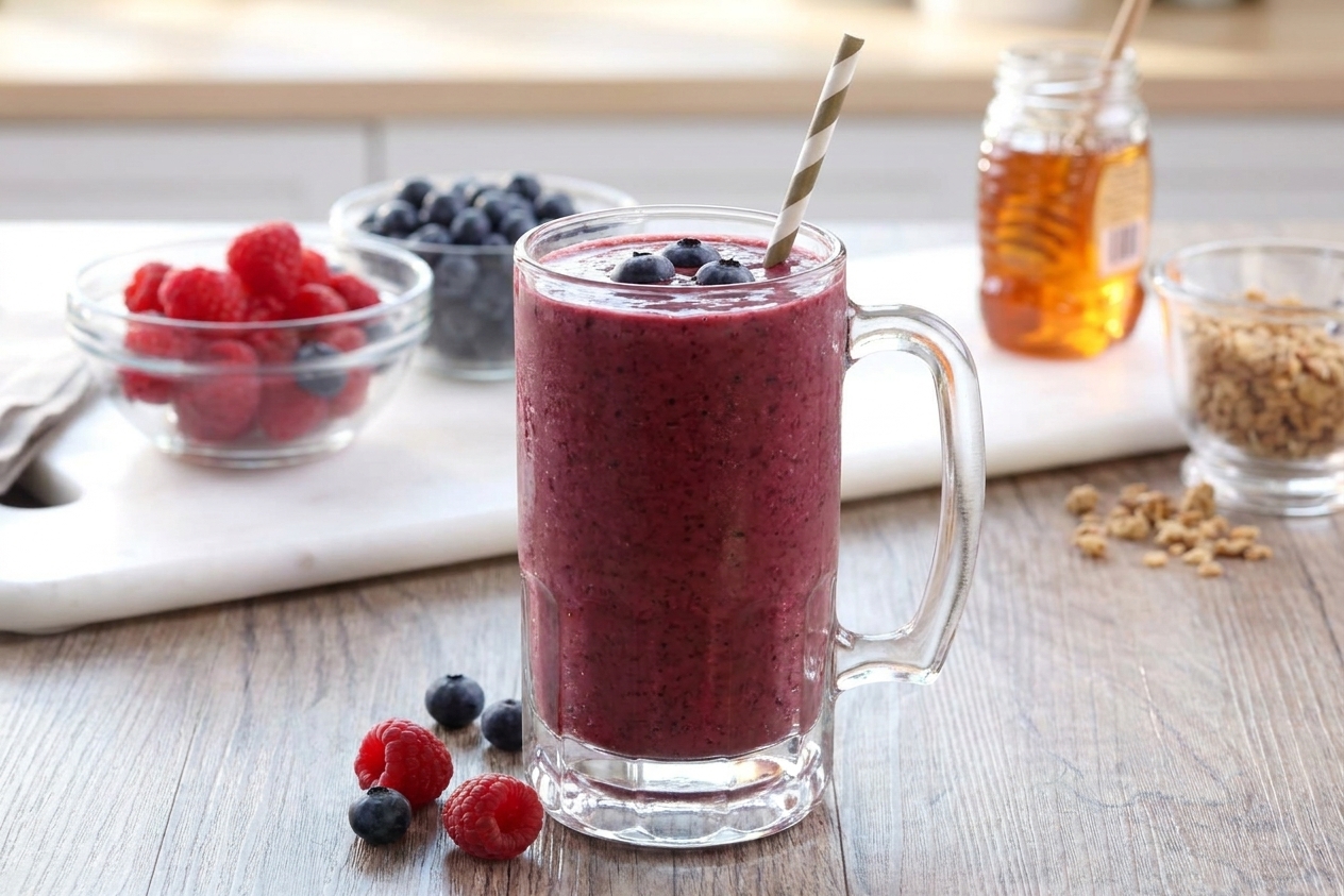 A tall glass of thick mixed berry fruit shake on a light kitchen counter with a striped straw and a few fresh berries scattered nearby