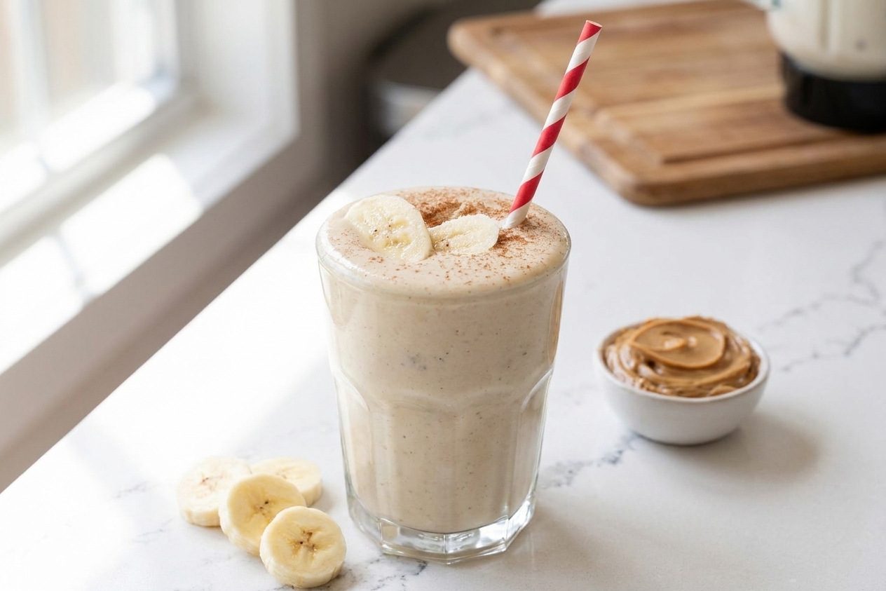 A tall glass of thick peanut butter banana shake on a light kitchen counter with a striped straw and a few banana slices nearby, natural window light