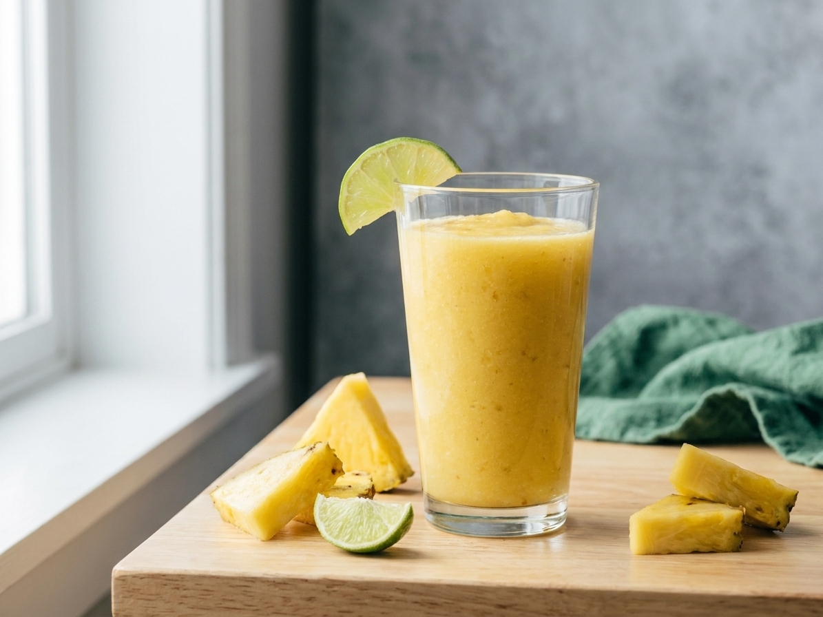 A tall glass of thick pineapple smoothie on a light kitchen counter with a lime wedge and a few pineapple chunks nearby, soft natural window light