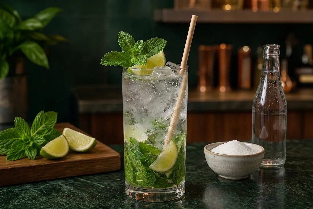 A tall glass of virgin mojito with fresh mint sprigs, lime wedges, crushed ice, and sparkling water on a bright kitchen counter