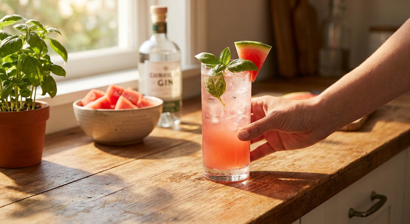 A tall glass of watermelon basil gin spritz with ice, a basil sprig, and a small watermelon wedge on the rim on a sunny kitchen counter