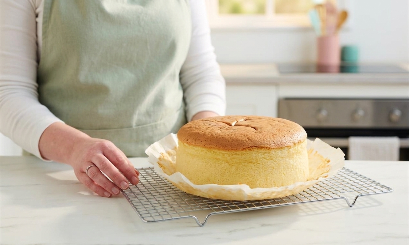 A tall, golden Japanese cheesecake cooling on a wire rack on a kitchen counter with parchment paper visible
