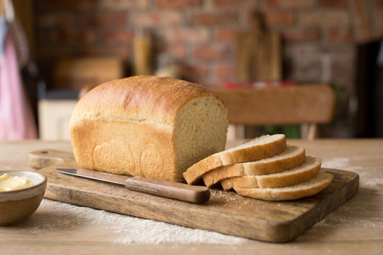 A tall, golden loaf of Amish white bread sliced on a wooden cutting board with a butter knife nearby on a warm kitchen counter