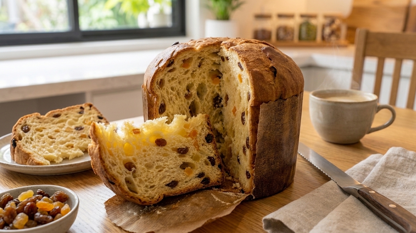 A tall, golden panettone loaf with a domed top, sliced to show a fluffy, shreddable crumb studded with dried fruit on a cozy kitchen table