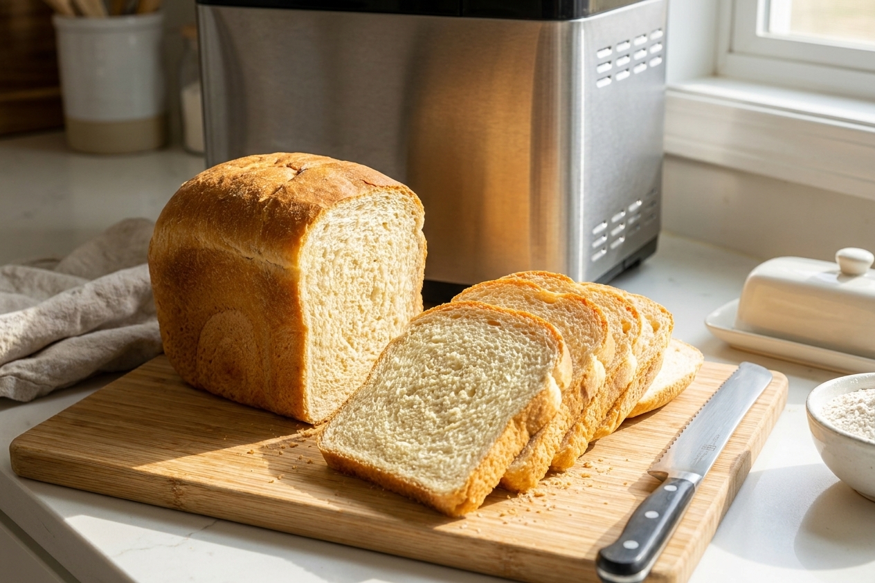 A tall golden sandwich bread loaf sitting next to a bread machine on a bright kitchen counter, with soft sliced pieces fanned out on a cutting board