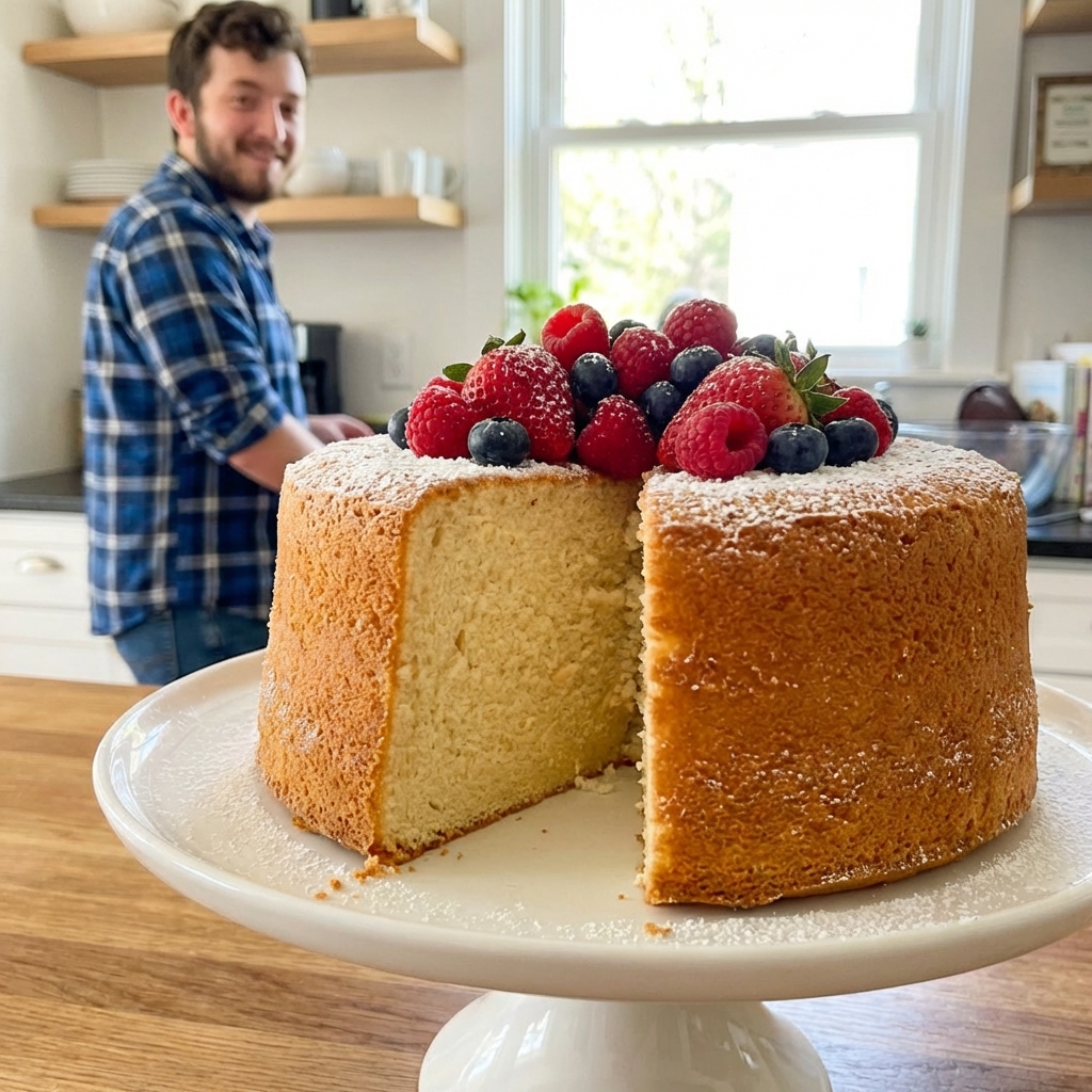 A tall golden sponge cake on a cake stand with a slice removed, showing a fluffy crumb, topped with powdered sugar and fresh berries