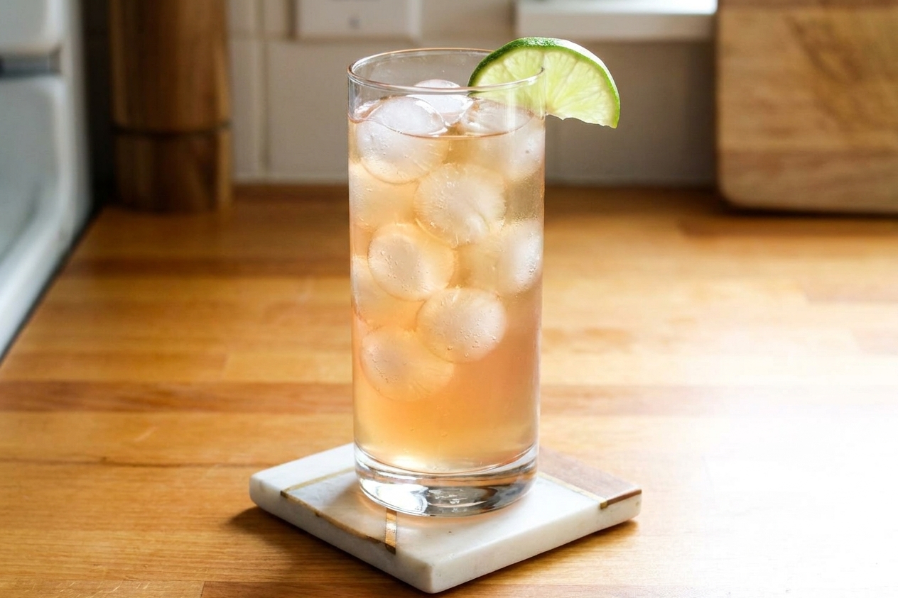 A tall highball glass filled with a Bay Breeze cocktail, pale golden-pink with ice cubes, garnished with a lime wedge on a bright kitchen counter