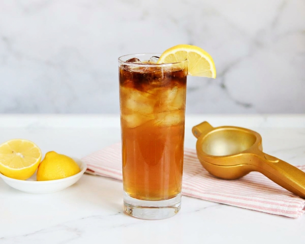 A tall highball glass filled with a Long Island Iced Tea, amber-brown with ice cubes, a lemon wedge on the rim, and a dark cola float visible at the top on a bright kitchen counter
