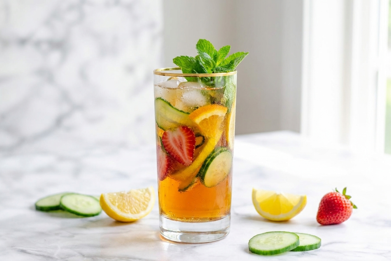 A tall highball glass filled with a classic Pimm’s Cup, showing ice, cucumber ribbons, orange and lemon slices, strawberries, and fresh mint on a sunlit kitchen counter