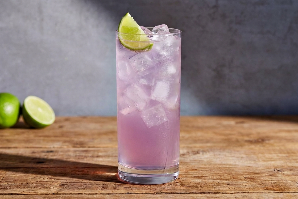 A tall highball glass filled with a pale purple Transfusion cocktail over ice, garnished with a fresh lime wedge on a wooden kitchen counter in soft natural light