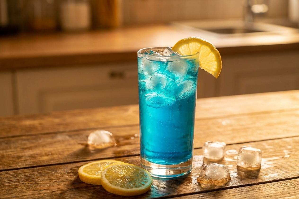 A tall highball glass filled with an electric-blue AMF cocktail, packed with ice, topped with lemon lime soda, and garnished with a lemon wedge on a cozy kitchen counter
