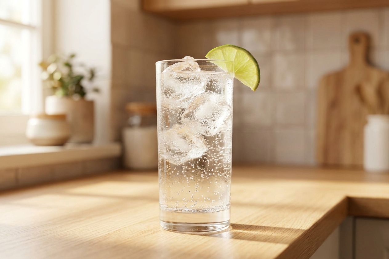 A tall highball glass filled with clear bubbly vodka soda and ice, garnished with a lime wedge on a light kitchen counter with soft natural light