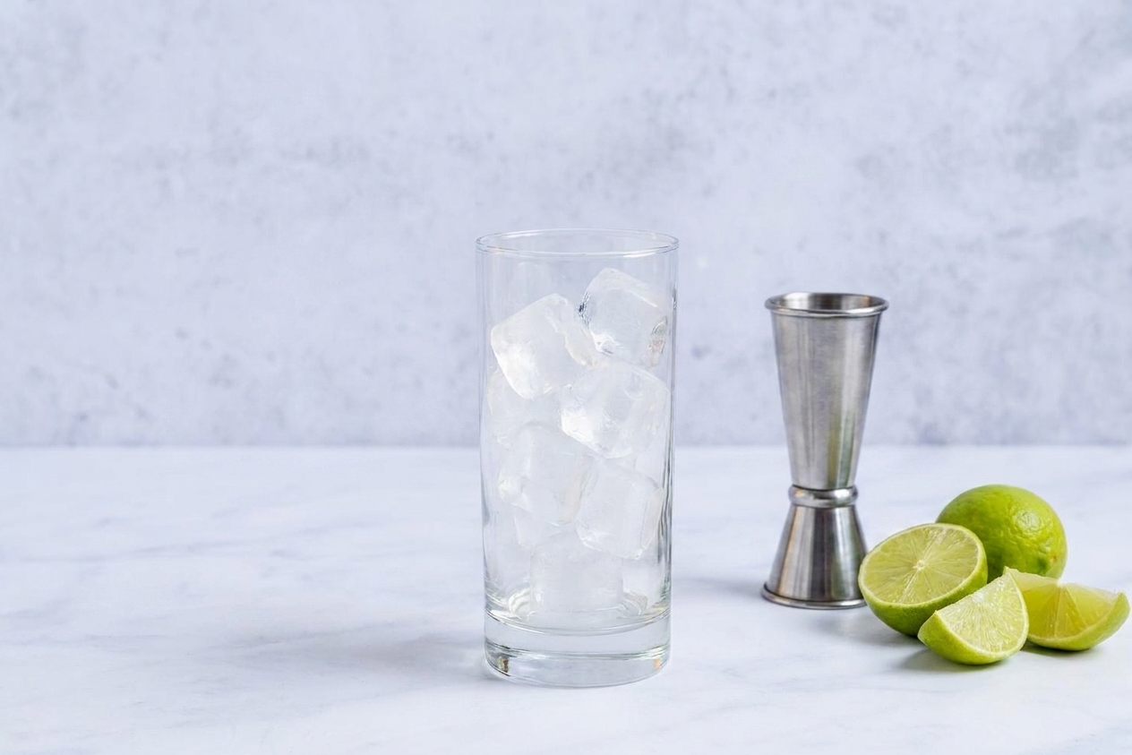 A tall highball glass filled with clear ice cubes on a kitchen counter next to a jigger and a lime, ready for mixing