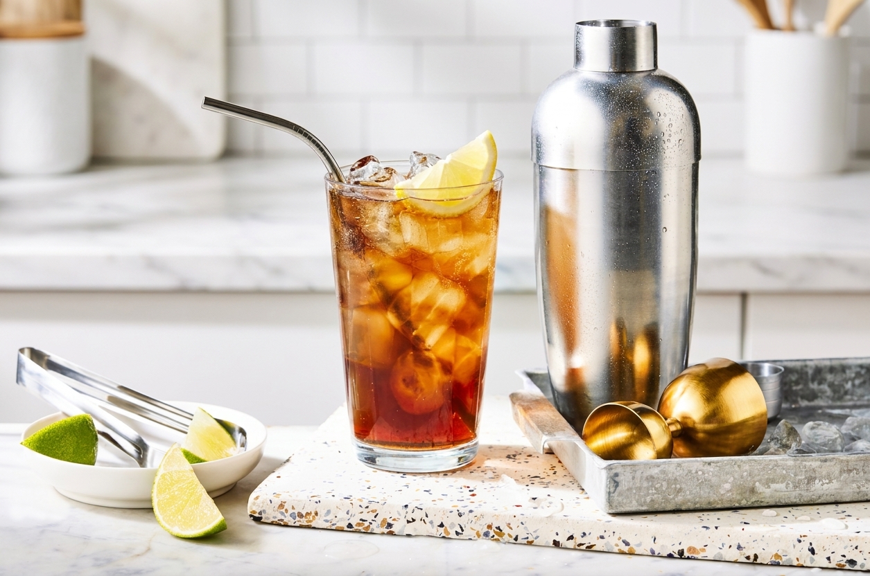 A tall highball glass filled with ice and a Long Island Iced Tea topped with a splash of cola, garnished with a lemon wedge on a clean kitchen counter in warm natural light