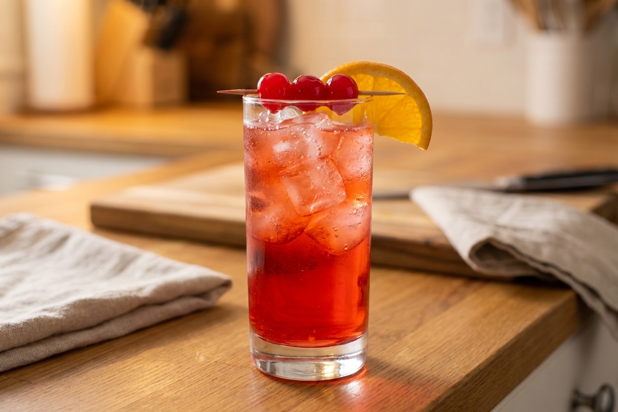 A tall highball glass filled with ice and a bright red Shirley Temple, topped with two maraschino cherries and an orange slice on a warm kitchen counter
