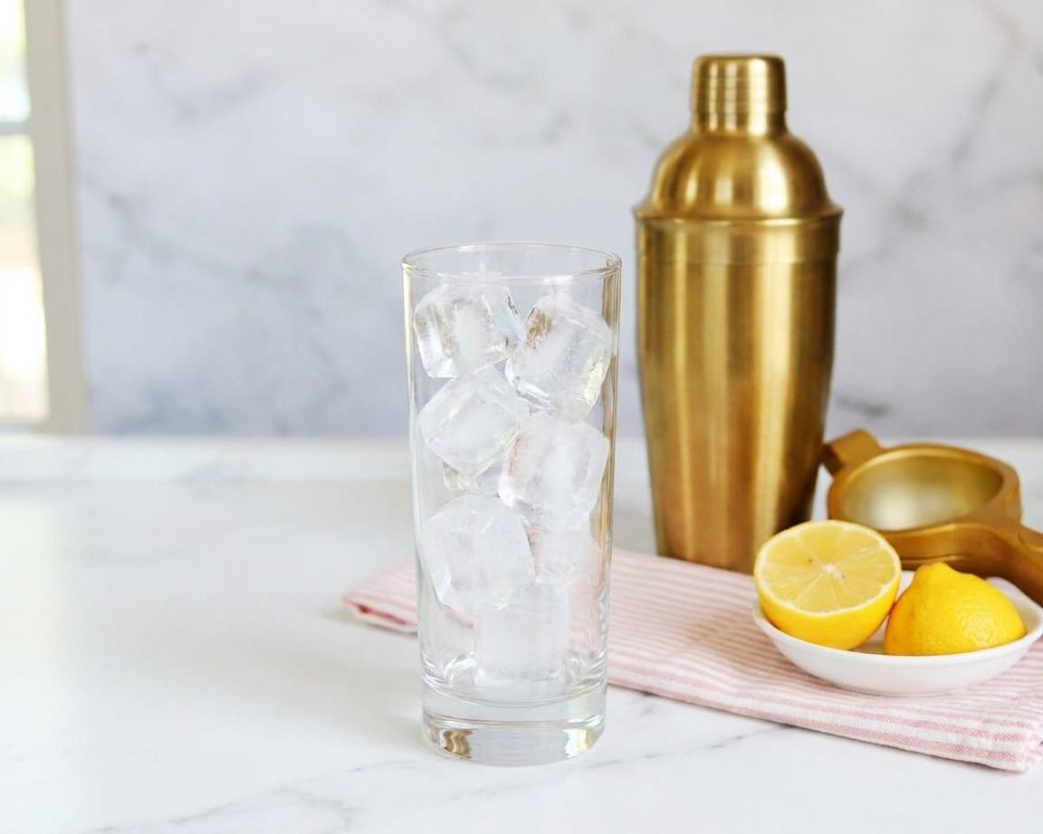A tall highball glass packed with clear ice cubes on a kitchen counter next to a cocktail shaker