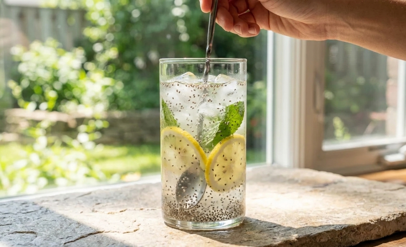 A tall iced chia citrus drink being stirred in a clear glass with a long spoon on a stone kitchen counter