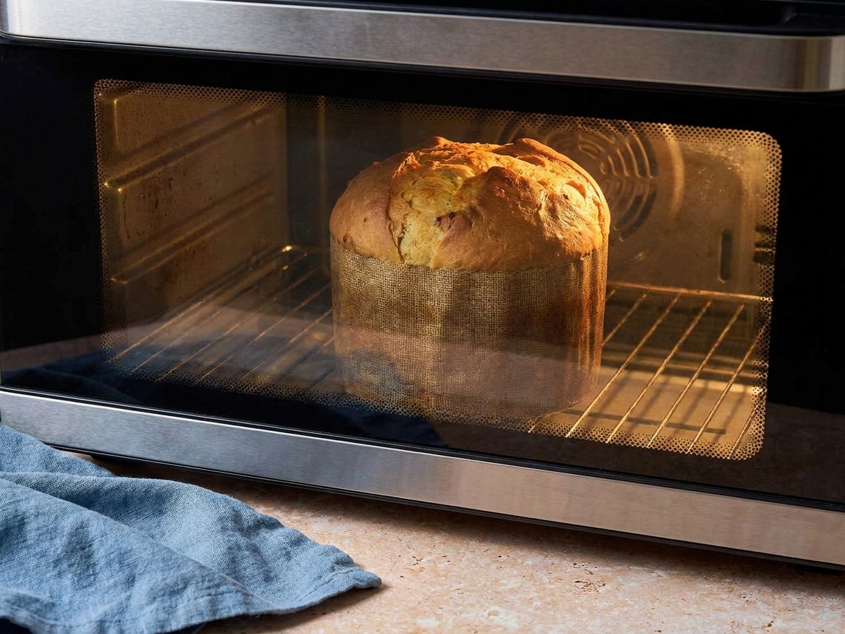 A tall panettone loaf rising and browning during baking