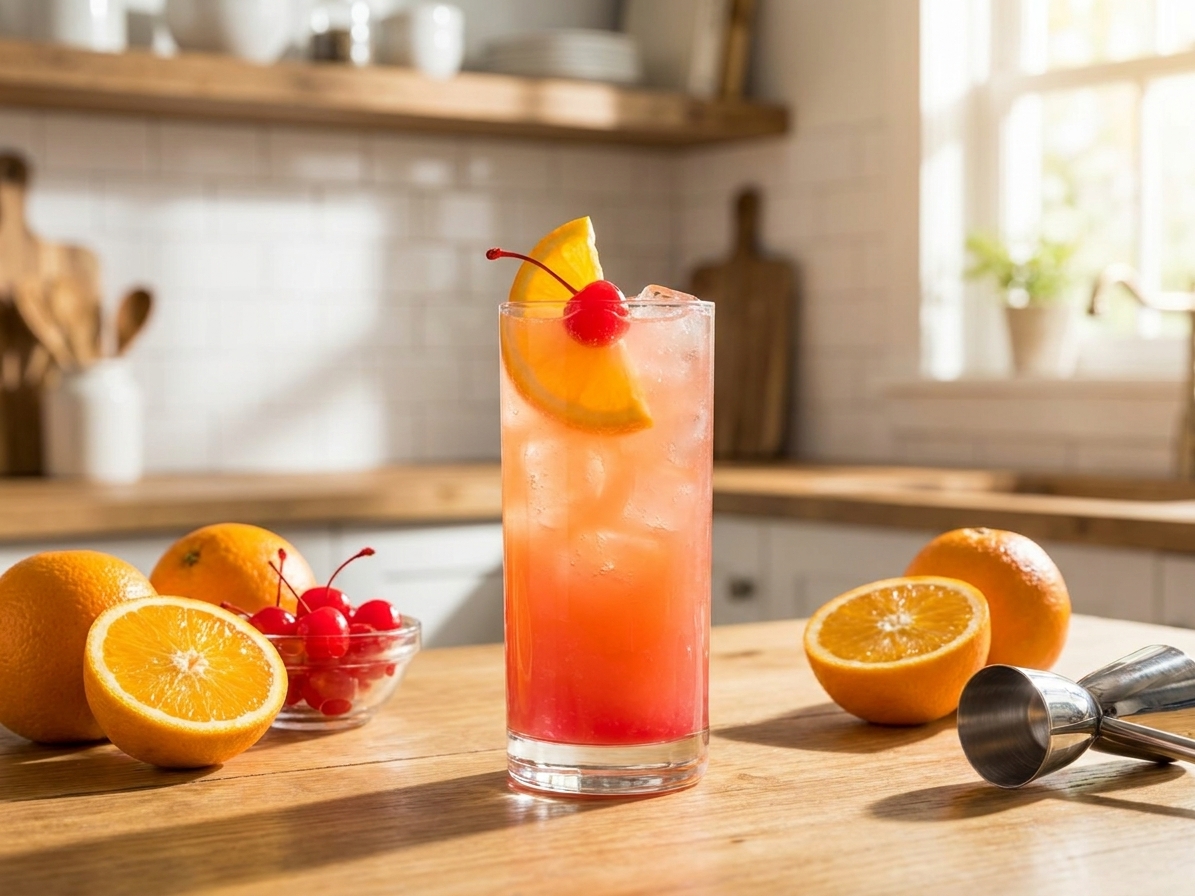 A tall pink and orange cocktail garnished with an orange slice and a cherry on a bright kitchen counter