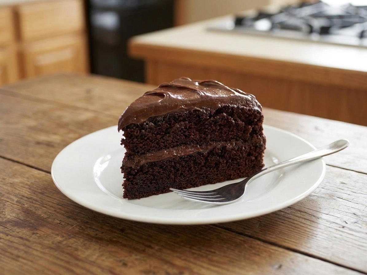 A tall slice of Hershey’s chocolate cake on a white dessert plate with glossy chocolate frosting and soft crumbs, set on a warm wooden table with a simple kitchen background