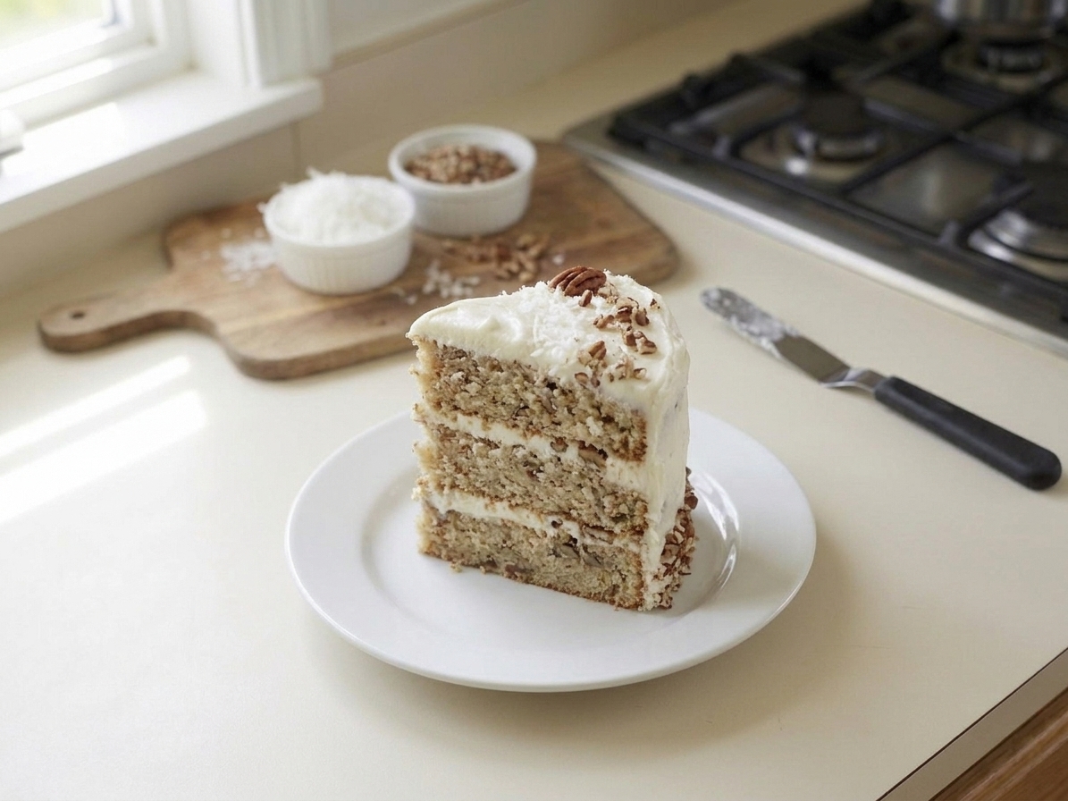 A tall slice of Italian cream cake on a dessert plate, showing three moist layers with cream cheese frosting and a toasted pecan garnish on top, set on a warmly lit kitchen table