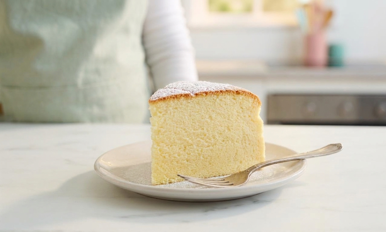 A tall slice of Japanese cheesecake on a small dessert plate with a light dusting of powdered sugar, a fork on the side, and a softly lit kitchen table setting