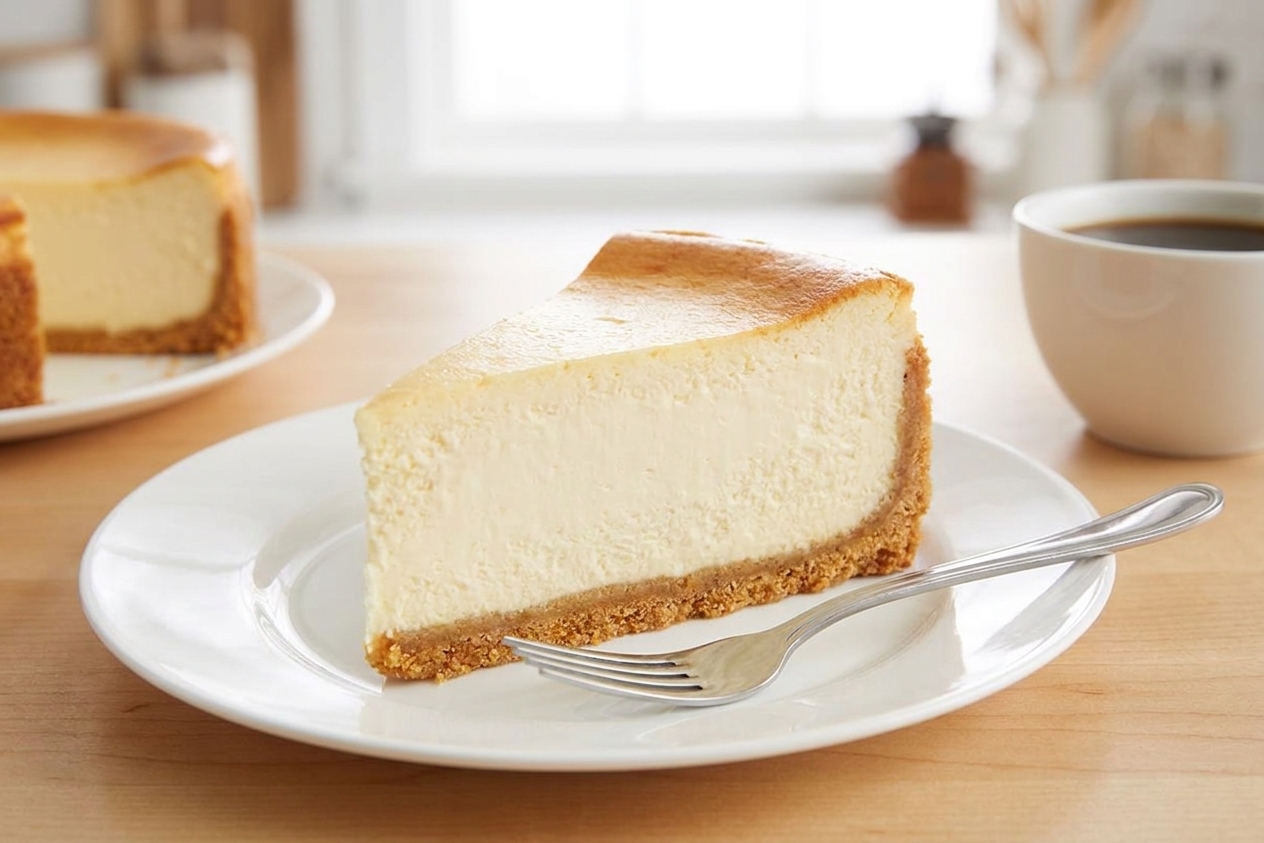 A tall slice of New York-style cheesecake with a creamy ivory center and a golden graham cracker crust on a white plate on a bright kitchen table