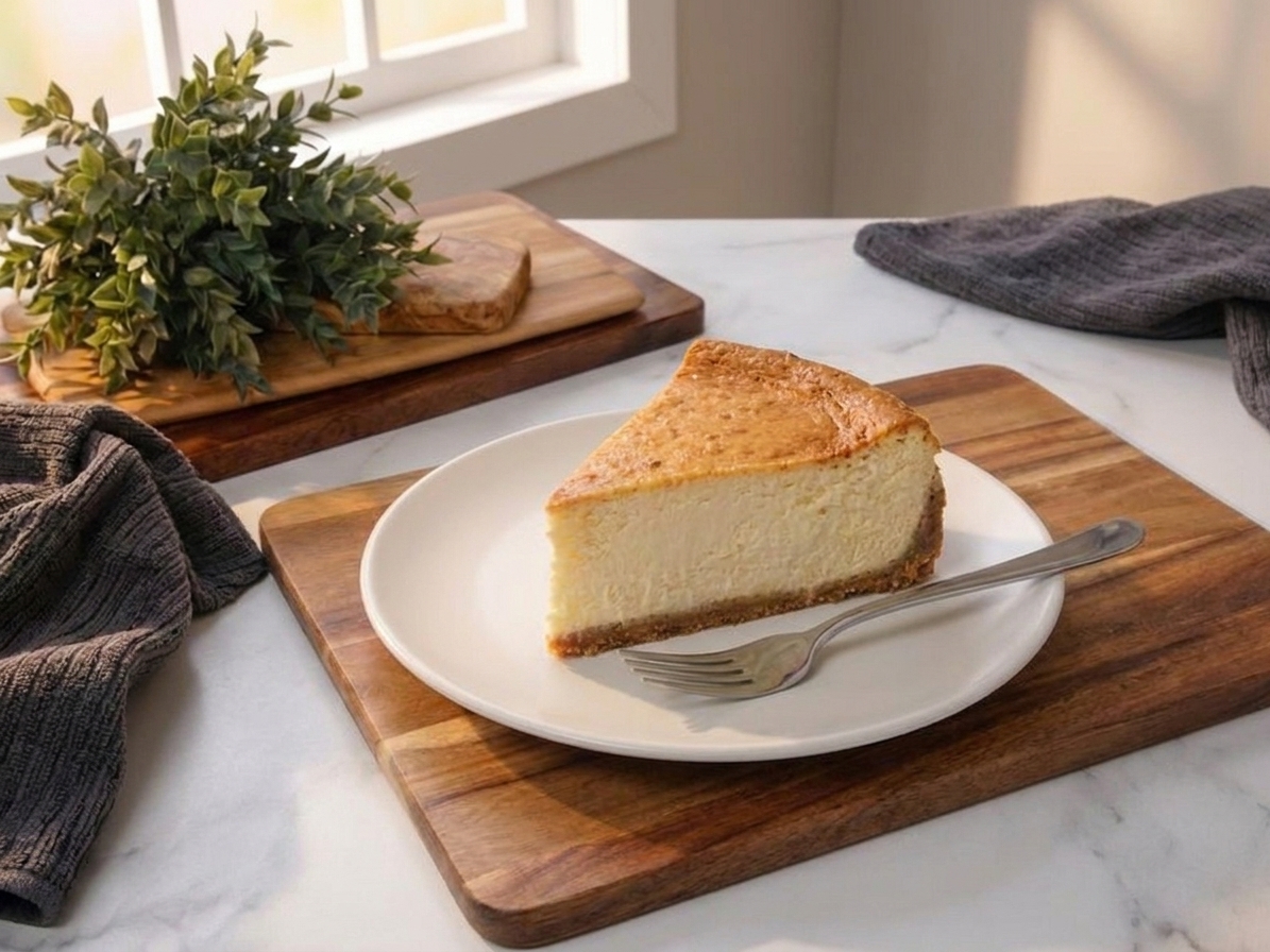 A tall slice of classic baked cheesecake on a white dessert plate with a fork beside it on a warm wooden table, soft natural kitchen light