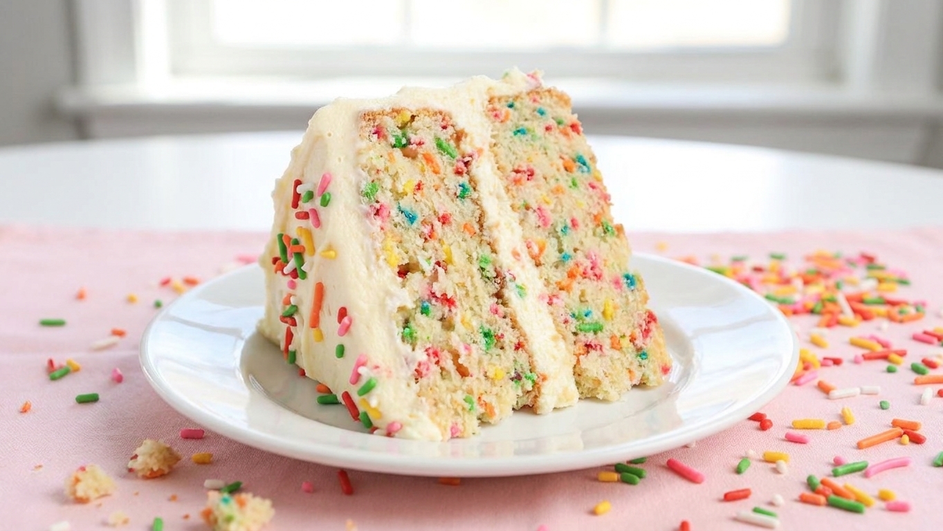 A tall slice of homemade Funfetti cake with rainbow sprinkles baked into the crumb and fluffy vanilla buttercream, plated on a white dessert plate on a bright kitchen table