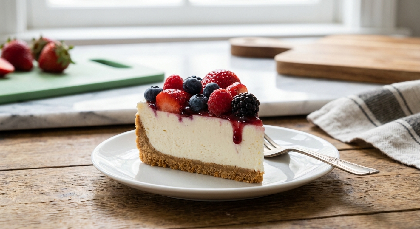 A tall slice of no-bake cheesecake on a white plate with a graham cracker crust and a glossy berry topping, set on a cozy kitchen table in soft natural light