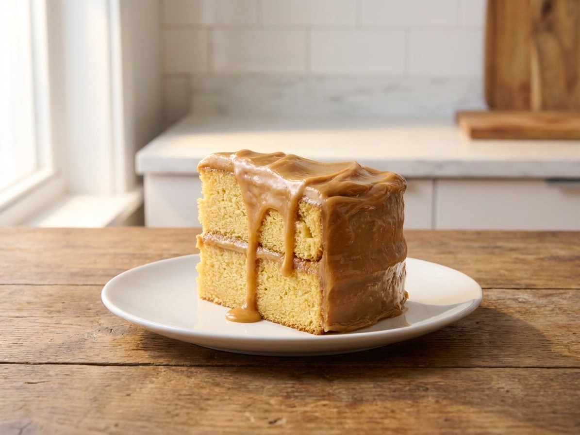 A tall slice of old-fashioned caramel cake on a white plate, coated in glossy caramel icing with a few caramel drips, set on a wooden table in warm natural light