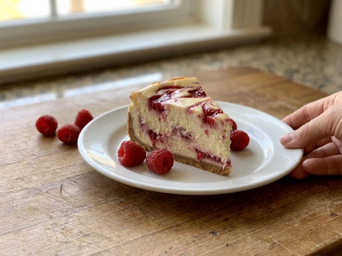 A tall slice of raspberry swirl cheesecake on a white plate with a few fresh raspberries nearby on a wooden table in soft natural light