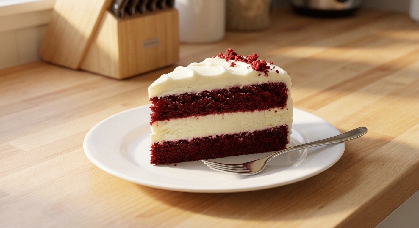 A tall slice of red velvet cheesecake on a white dessert plate, showing a deep red cake layer and a thick creamy cheesecake layer, topped with a smooth cream cheese frosting and a few red velvet crumbs, on a bright kitchen table