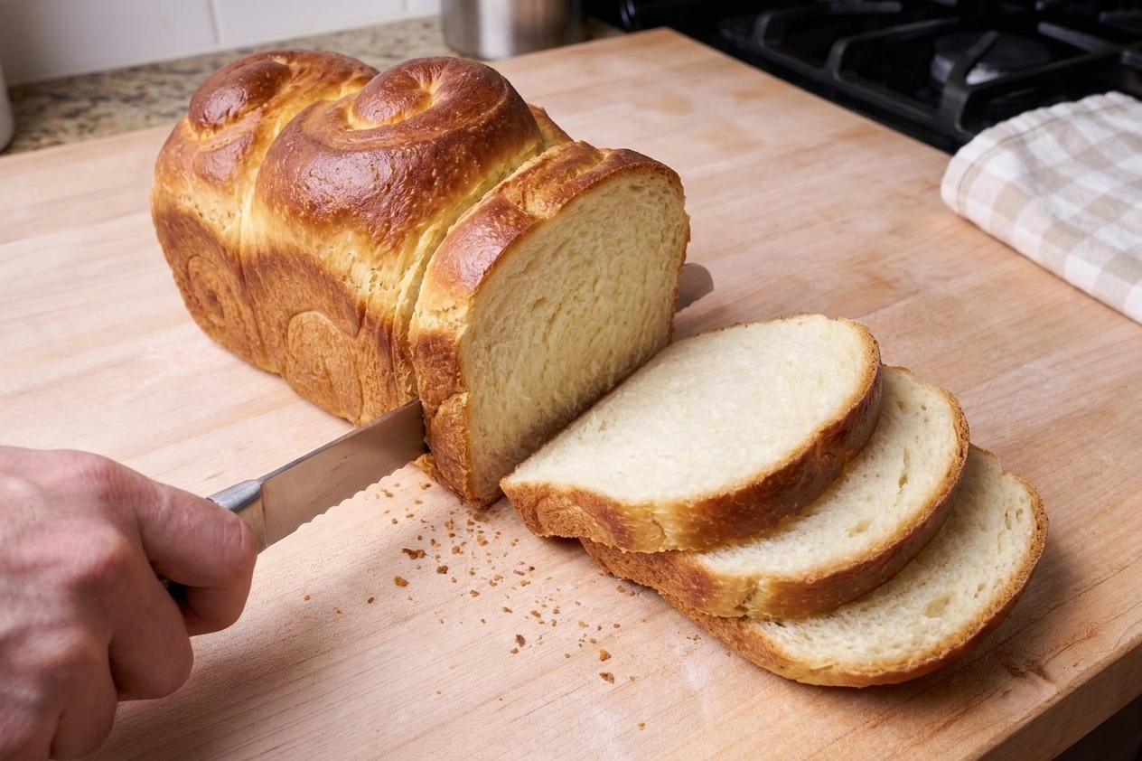 A tall, soft Japanese shokupan loaf sliced on a wooden cutting board with a few slices fanned out in a warm, homey kitchen setting