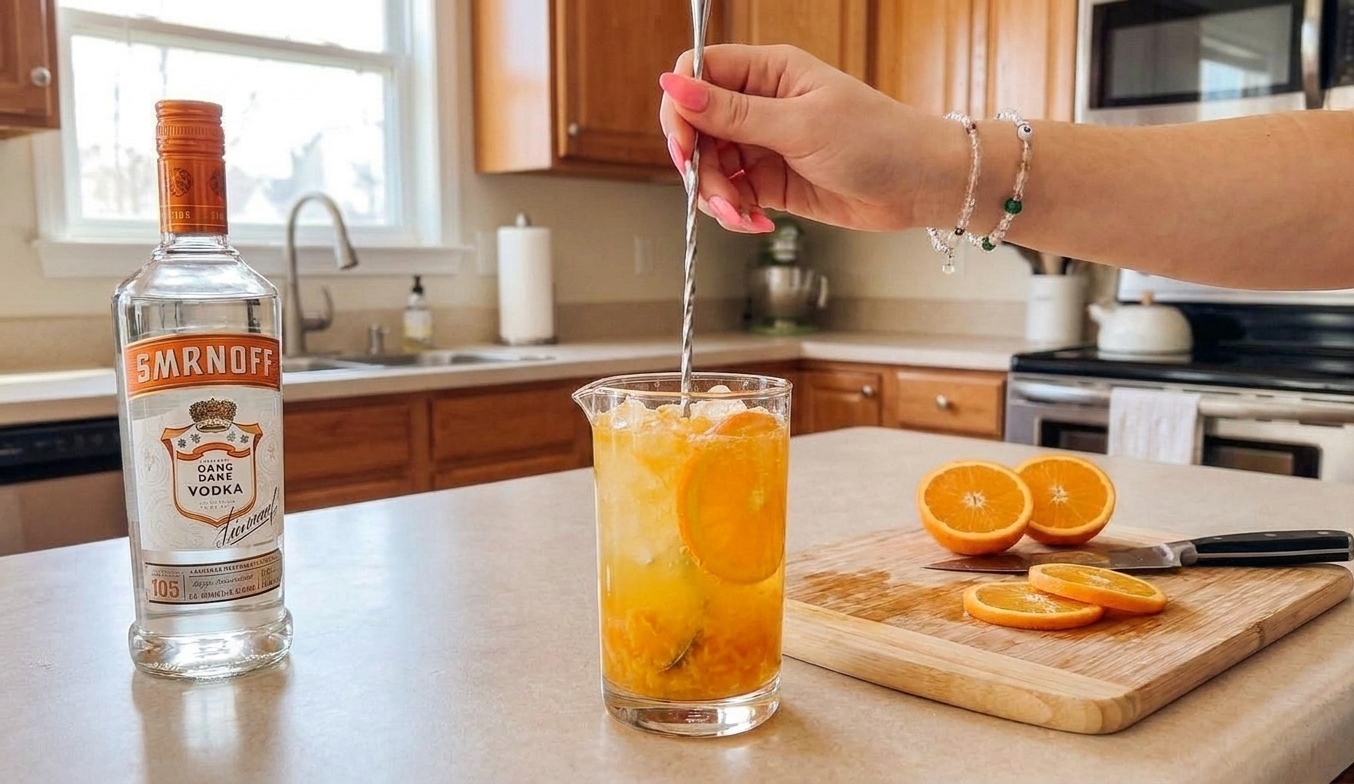 A tall spoon stirring an orange crush drink with crushed ice, fresh orange juice, vodka, and soda on a bright kitchen counter