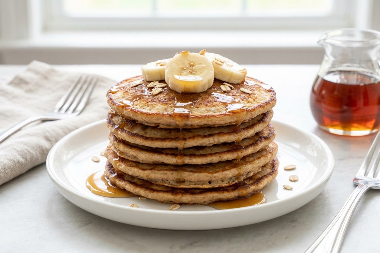 A tall stack of banana oat pancakes with crisp golden edges on a white plate, topped with sliced banana and a drizzle of maple syrup on a bright kitchen table