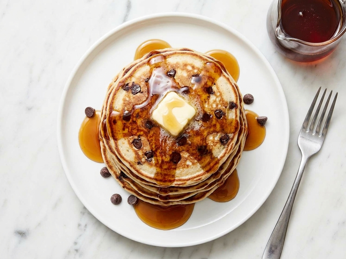 A tall stack of chocolate chip pancakes with maple syrup dripping down the sides on a breakfast plate