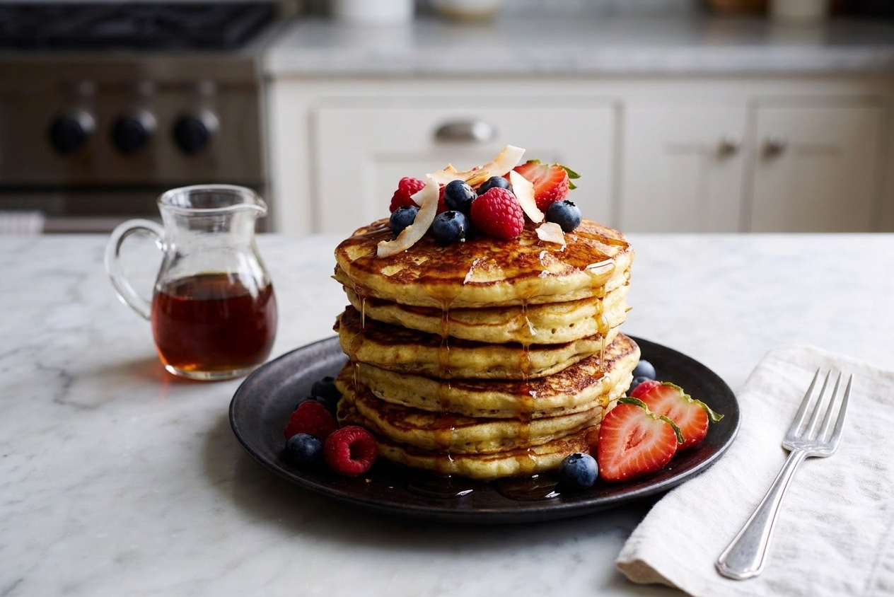 A tall stack of coconut flour pancakes topped with fresh berries and a drizzle of maple syrup on a simple breakfast table setting