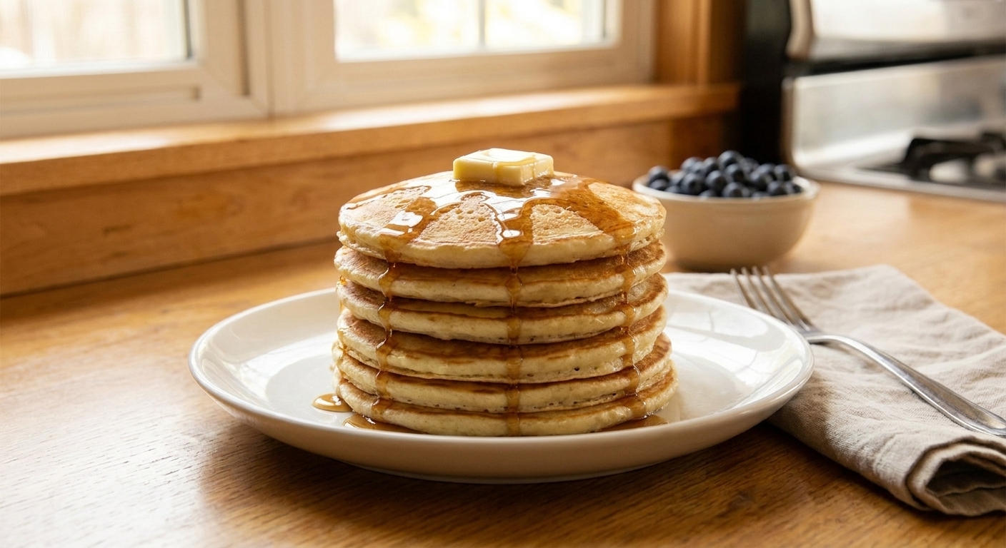 A tall stack of fluffy golden pancakes on a white plate with a pat of butter melting on top and maple syrup drizzling down the sides on a bright kitchen table