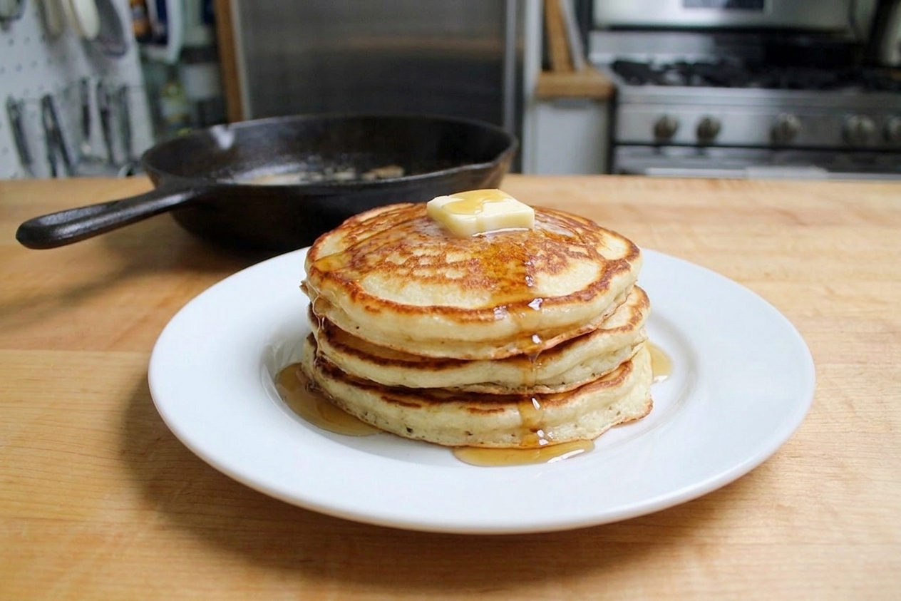 A tall stack of fluffy pancakes on a white plate with butter melting on top and maple syrup drizzled down the sides on a wooden table setting