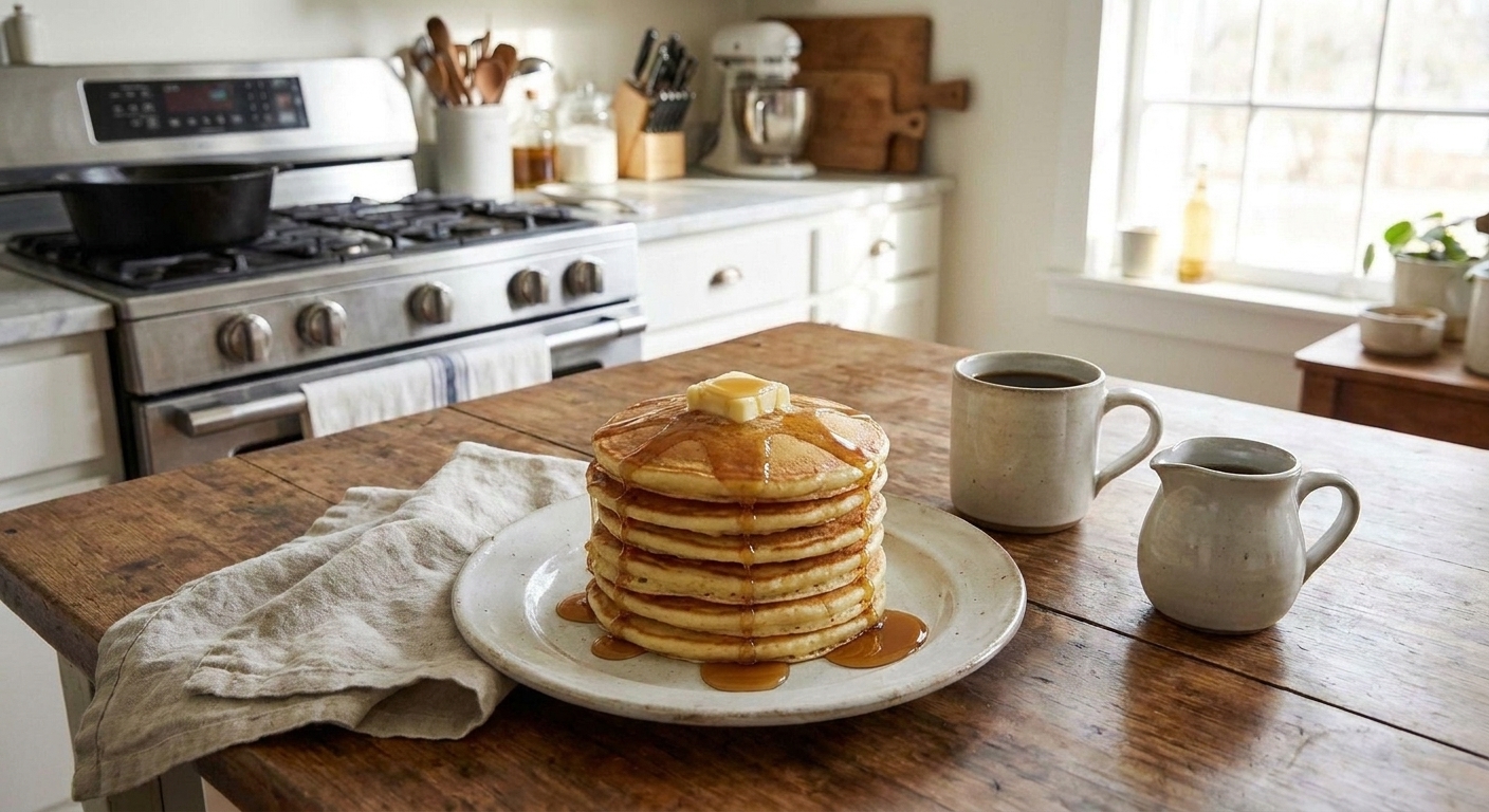 A tall stack of golden buttermilk pancakes on a white plate with a pat of butter melting on top and warm maple syrup drizzled down the sides on a cozy breakfast table