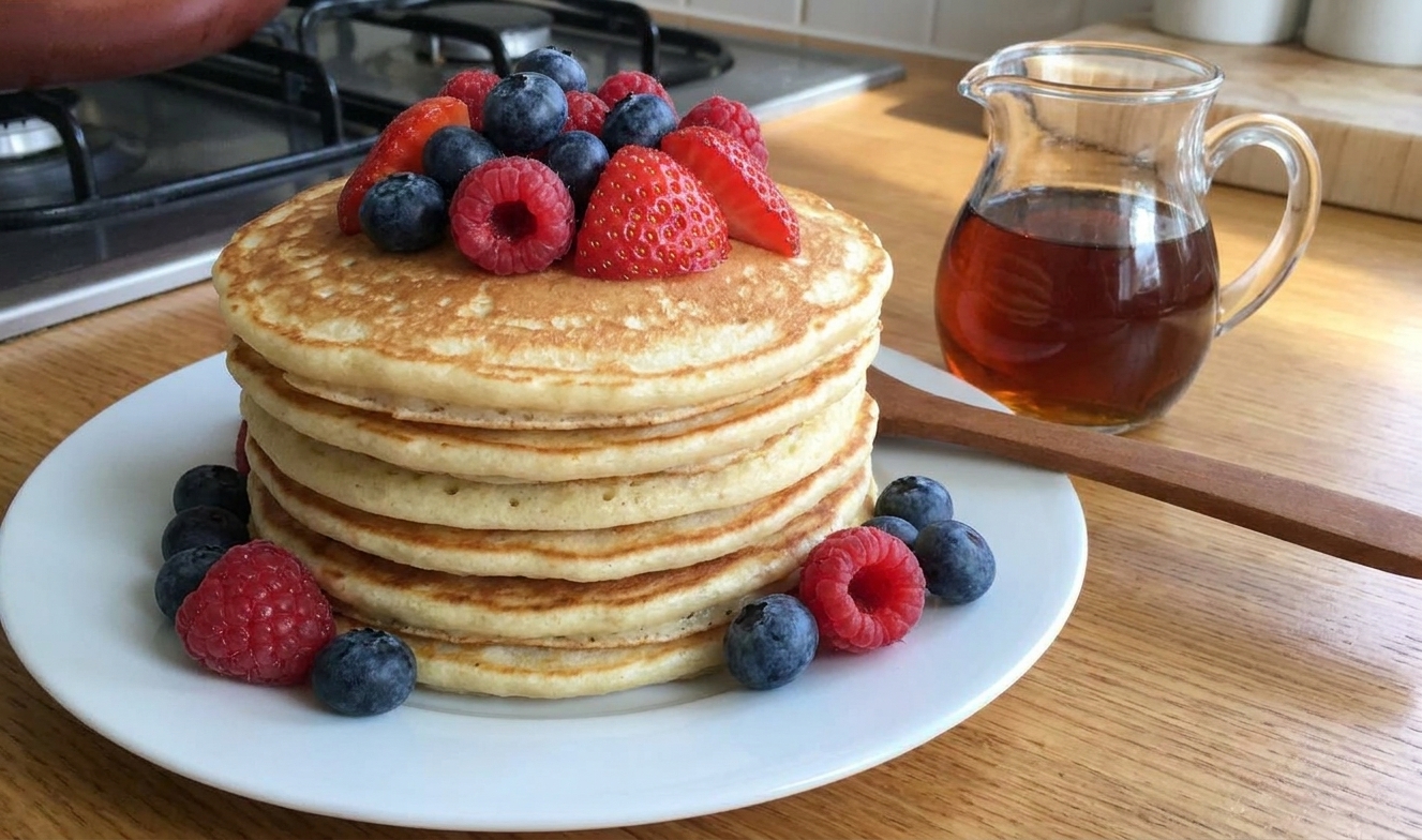 A tall stack of golden eggless pancakes on a plate with fresh berries and a small pitcher of maple syrup on the table